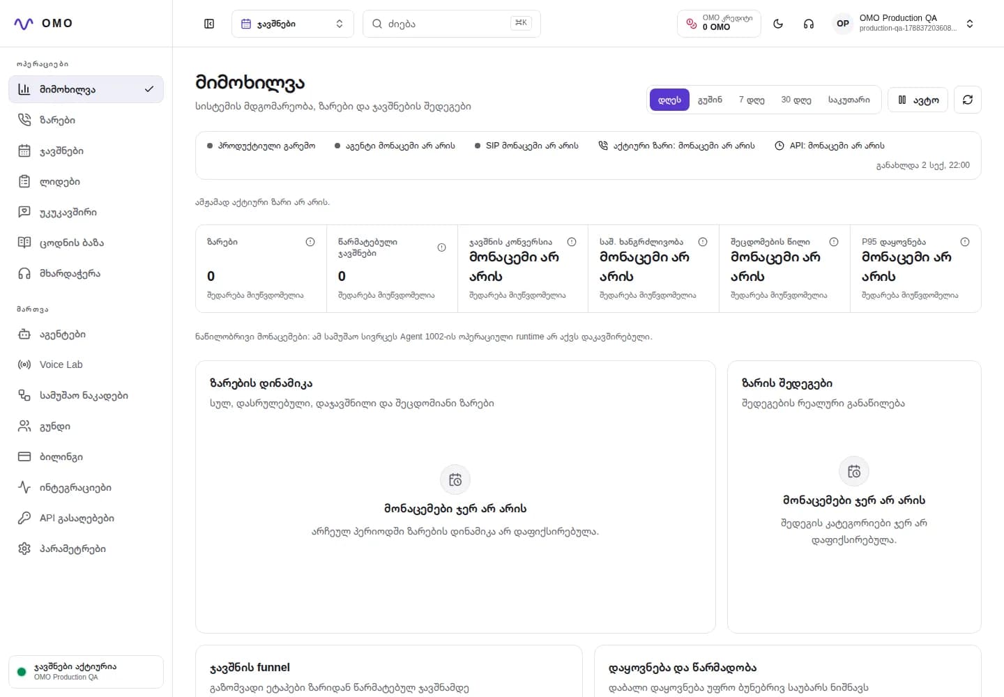 Real-time OMO operations dashboard showing calls, bookings and system status