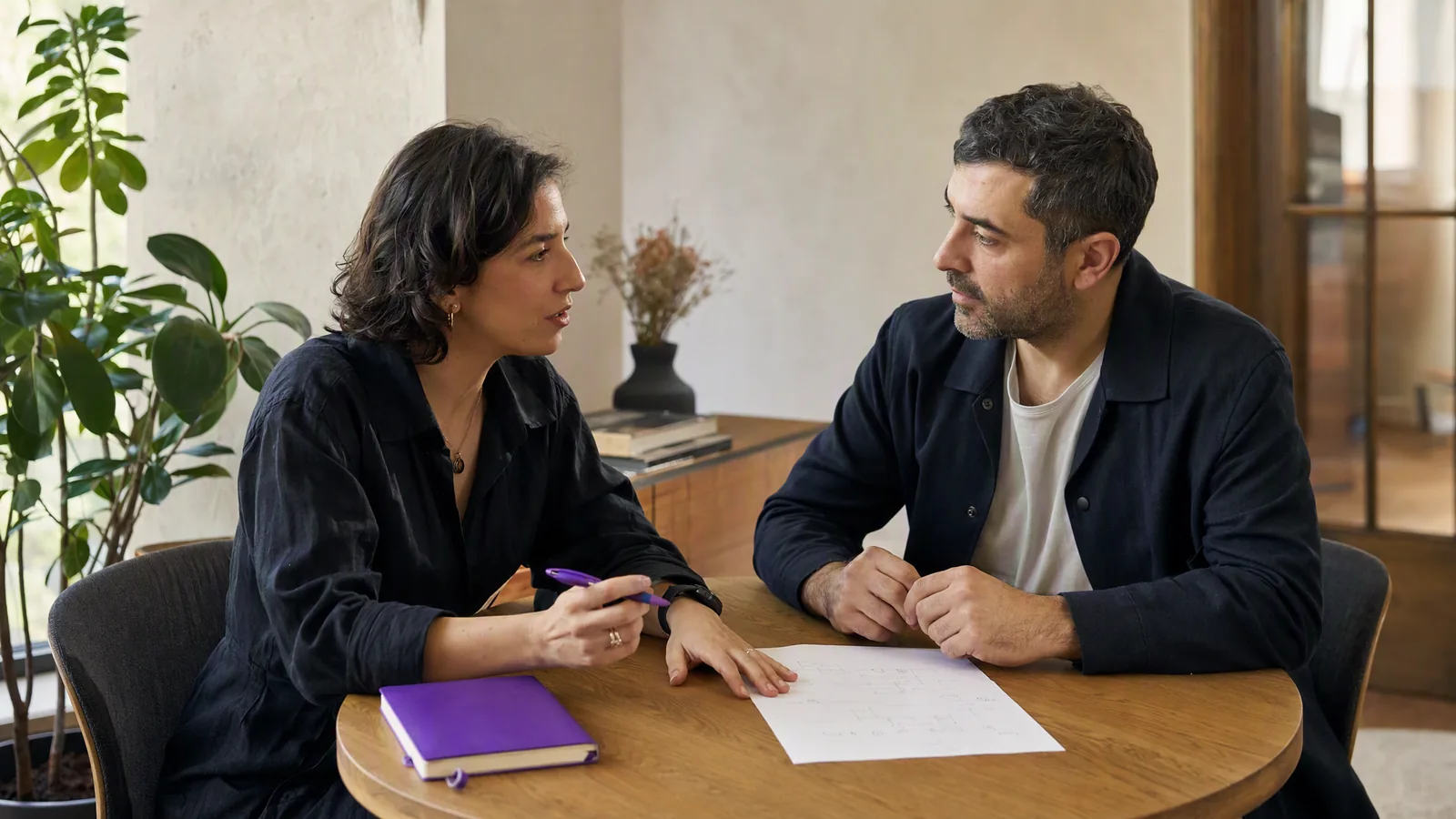 Two people discussing a paper sketch of a conversation workflow.